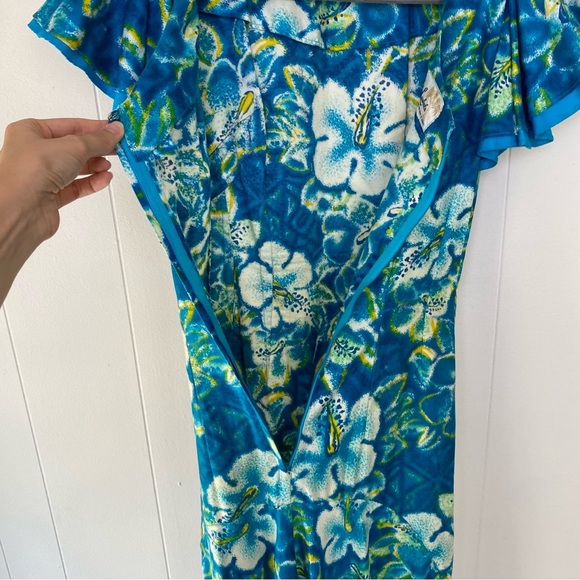 Vintage Lauhala Hawaii Dress Hibiscus Maxi Ruffle Sleeve Zip Back Size XS? Blue - Picture 14 of 16